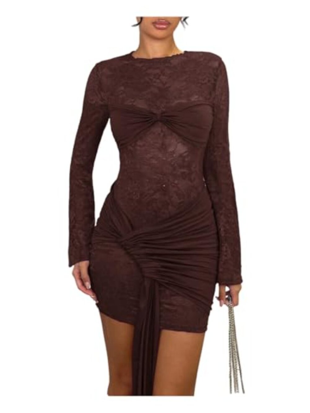 Lace Bodycon Mini Dress Ruched Long Sleeve Sheer Mesh Party Club